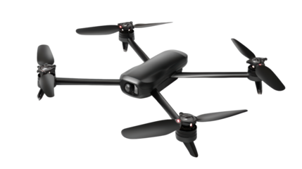 Drone with four propellers, modern design, flying capabilities, isolated on white background.