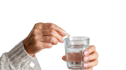 Elderly hand preparing to dissolve a supplement in a glass of water on a white isolated background.