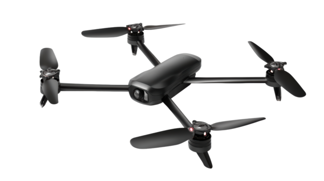 Drone with four propellers, modern design, flying capabilities, isolated on white background.