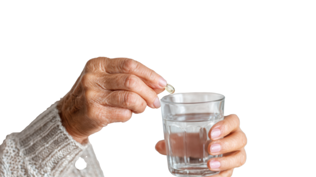 Elderly hand preparing to dissolve a supplement in a glass of water on a white isolated background.
