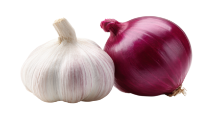 Fresh garlic and red onion on a white background, ideal for culinary themes and cooking imagery.