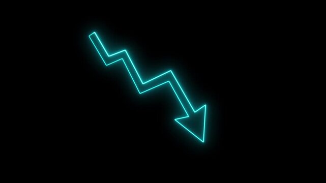 Neon Down business graph icon. downward arrow HD animation. down trend concept, down arrow graph neon stock frame loop. down business symbol concept. financial crisis. business loss.