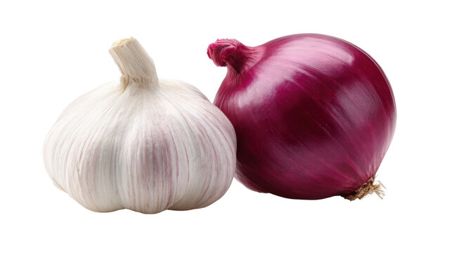 Fresh garlic and red onion on a white background, ideal for culinary themes and cooking imagery.