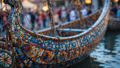Closeup view of an intricate mosaic boat design with tiny colorful tiles, artistic patterns, and a soft blurred crowd in the distant background.
