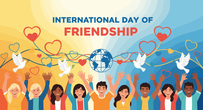A celebration of togetherness and unity on international day of friendship with diverse hands raised in joyful harmony