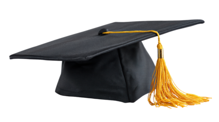 Graduation cap with a gold tassel on a white isolated background.