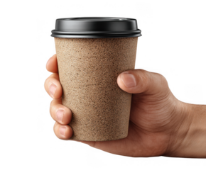 Hand holding a textured brown disposable coffee cup with a black lid isolated on transparent background