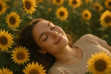 Serene young woman smiling joyfully in middle of sunflower garden on golden national sunflower day afternoon sunshine