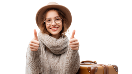Happy traveler giving thumbs up with suitcase, casual attire, isolated on white background.