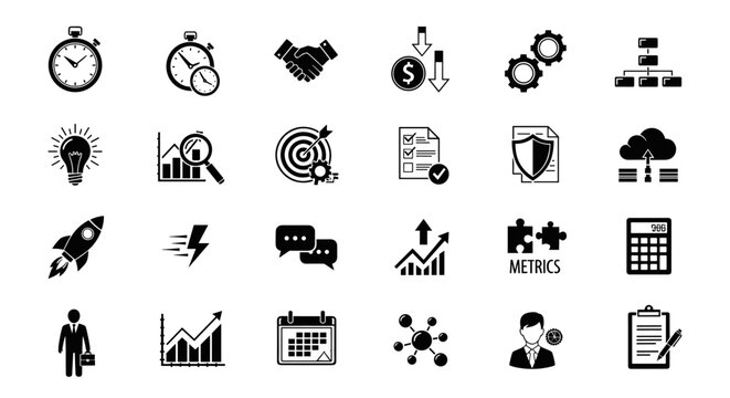 A comprehensive collection of business and productivity icons representing time management, financial analysis, and strategic planning elements for professional use