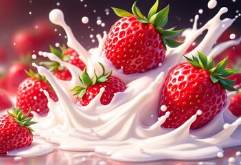 Lush red strawberries submerged and splashing in creamy white milk, creating dynamic, vibrant swirls and droplets against a blurred background