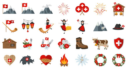 A vibrant collection of swiss cultural icons featuring traditional symbols, scenic landscapes, and festive elements for celebrating swiss heritage and identity