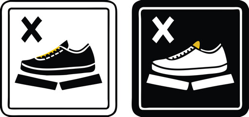 Do Not Step Icons. Labels for Cardboard Packaging. Warning Symbol, Handle with Care. Shoe Standing on Fragile Item. Illustration on White and Black Background.
