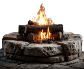 Realistic gas fire pit with burning logs and natural stone base isolated on transparent background