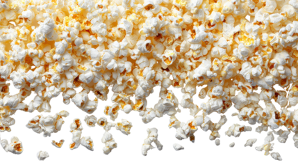 Pile of fluffy popcorn with a few scattered pieces, perfect for movie nights or snacking, isolated on white background.
