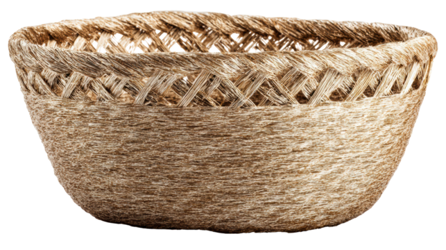 Natural woven basket with intricate design, perfect for decoration and storage, white isolate background.