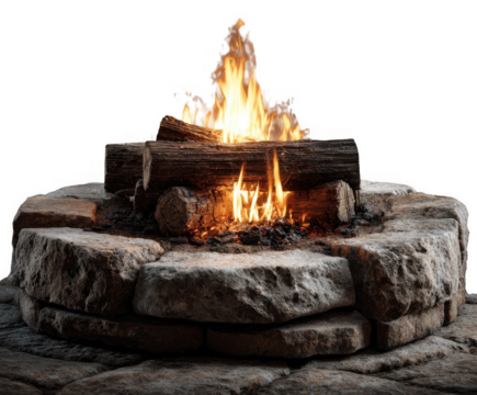 Realistic gas fire pit with burning logs and natural stone base isolated on transparent background