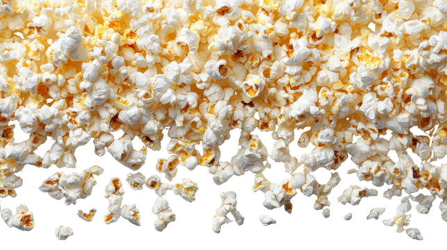 Pile of fluffy popcorn with a few scattered pieces, perfect for movie nights or snacking, isolated on white background.