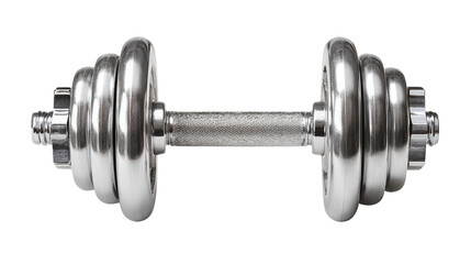Fototapeta premium Shiny metallic dumbbell on white isolated background for fitness and weight training purposes.