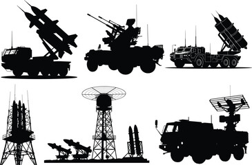 Air Defense System Silhouette Bundle – Missile Launchers, Radars & Military Equipment Vectors. Anti-Aircraft Silhouette Pack – Surface-to-Air Missiles, Radar Units & Combat Systems, Military Defense.