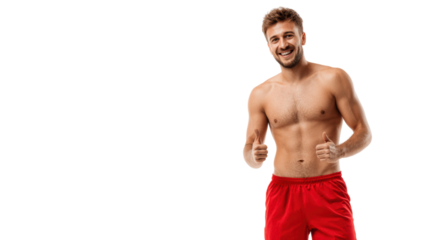 Smiling athletic man in red shorts poses in an energetic and cheerful manner, showcasing fitness and positivity.