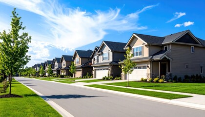 Suburban Dream Homes: A Row of Elegant Houses under a Sunny Sky