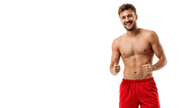 Smiling athletic man in red shorts poses in an energetic and cheerful manner, showcasing fitness and positivity.