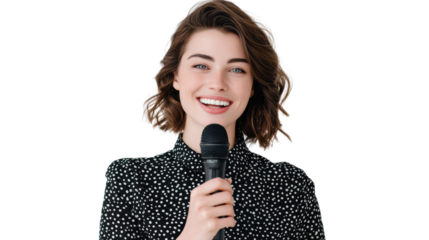 Smiling woman holding a microphone, ready to speak, confident and cheerful expression.