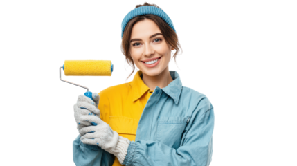 Smiling woman holding a paint roller, dressed in colorful outfit, ready to paint and renovate, white isolated background.