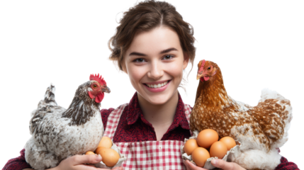 Smiling woman holding chickens and eggs, showcasing farm life and poultry care.