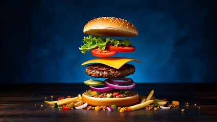 Dynamic studio shot of a delicious cheeseburger with its fresh ingredients levitating against a blue background