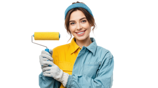 Smiling woman holding a paint roller, dressed in colorful outfit, ready to paint and renovate, white isolated background. - Powered by Adobe