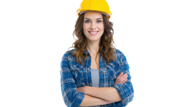 Smiling woman in a yellow hard hat and flannel shirt, arms crossed, on a white isolated background.
