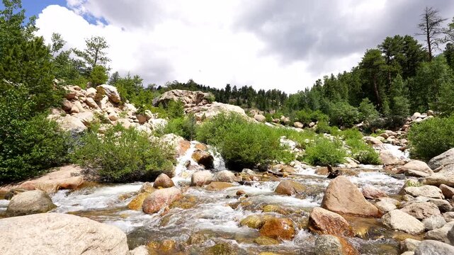 wide shot of river with sound of water rushing by as it moves downhill into alluvial fan with audio