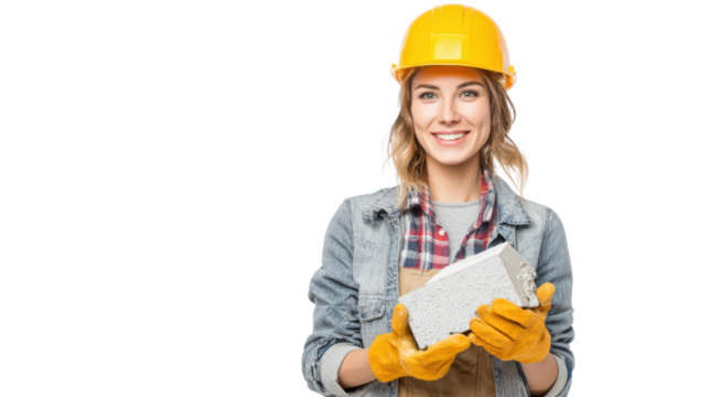 Smiling woman in hard hat and gloves holding construction material, white isolate background.