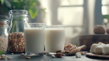 Close up of two glasses of milk with natural sweeteners and nuts, suggesting healthy, nutritious ingredients for a smoothie.