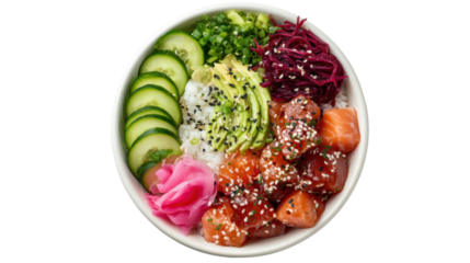 Vibrant sushi bowl featuring fresh fish, vegetables, and rice on a white isolate background.