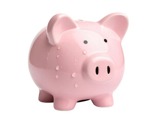 Obraz premium A glossy pink piggy bank with water droplets on its surface, featuring round eyes and a snout with two nostrils.
