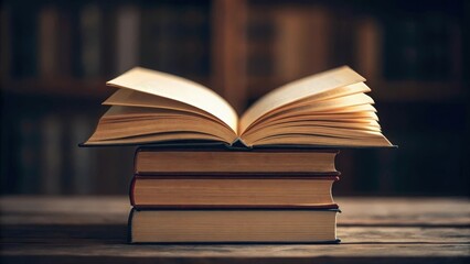 Fototapeta premium Open book glowing atop a stack — unlocking wisdom in quiet study 