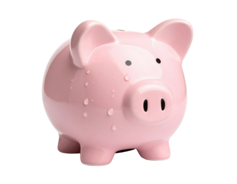 A glossy pink piggy bank with water droplets on its surface, featuring round eyes and a snout with two nostrils.