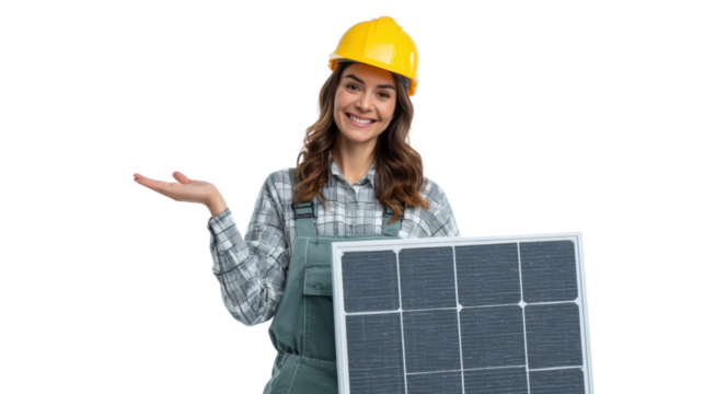 Woman in hard hat showcasing solar panel, smiling and gesturing, against white isolate background.
