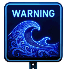 Warning sign indicating high tide and wave hazards at a coastal location