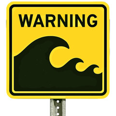 Caution sign indicating strong waves near a beachfront area during daylight hours