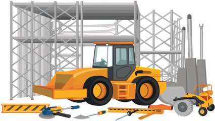 Illustration of a yellow road roller with scaffolding and construction tools in the foreground