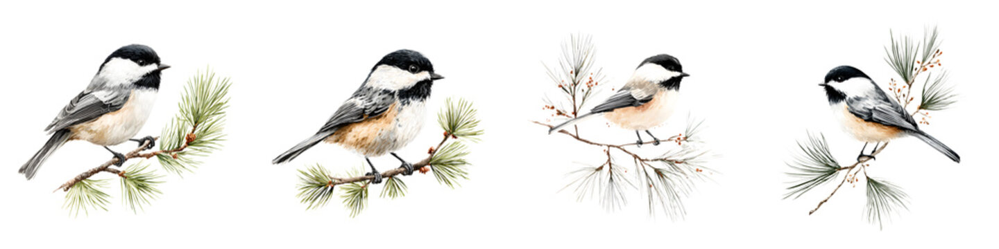Chickadee Birds on Pine Branch Watercolor Illustration