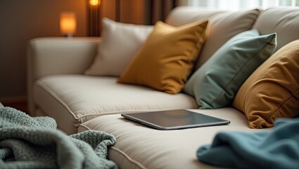 A light beige sofa with mustard yellow and teal throw pillows, a gray tablet resting on the seat, and soft blankets draped on either side.  Warm, inviting atmosphere