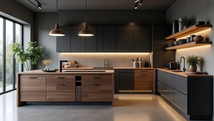 Modern kitchen with dark cabinetry, wood island, and integrated lighting.  Warm wood contrasts with sleek, dark surfaces.  Plants add natural elements.  Floor-to-ceiling windows offer natural light
