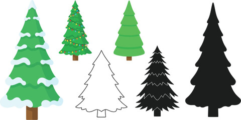 Christmas tree illustrations vector set for holiday designs and festive decorations