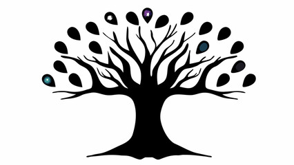 A stylized black tree silhouette with teardrop shaped leaves and colorful celestial bodies on white