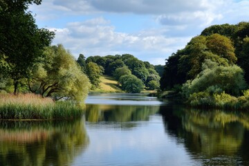 Tranquil wildlife lake in rural Britain
